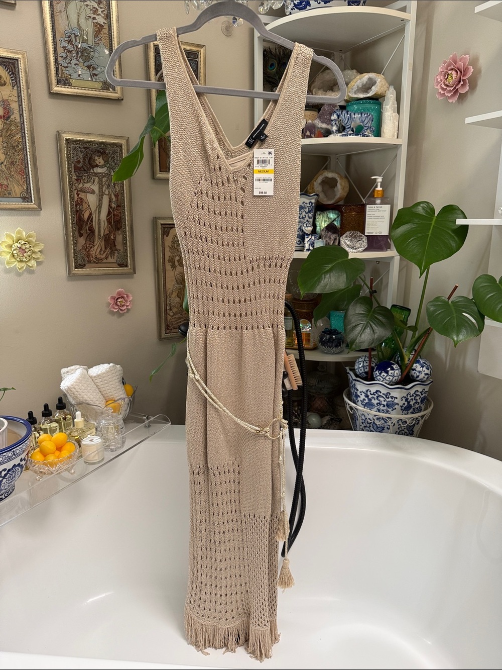 INC International Concepts Taupe Openwork Knit Maxi Dress with Tassel Belt